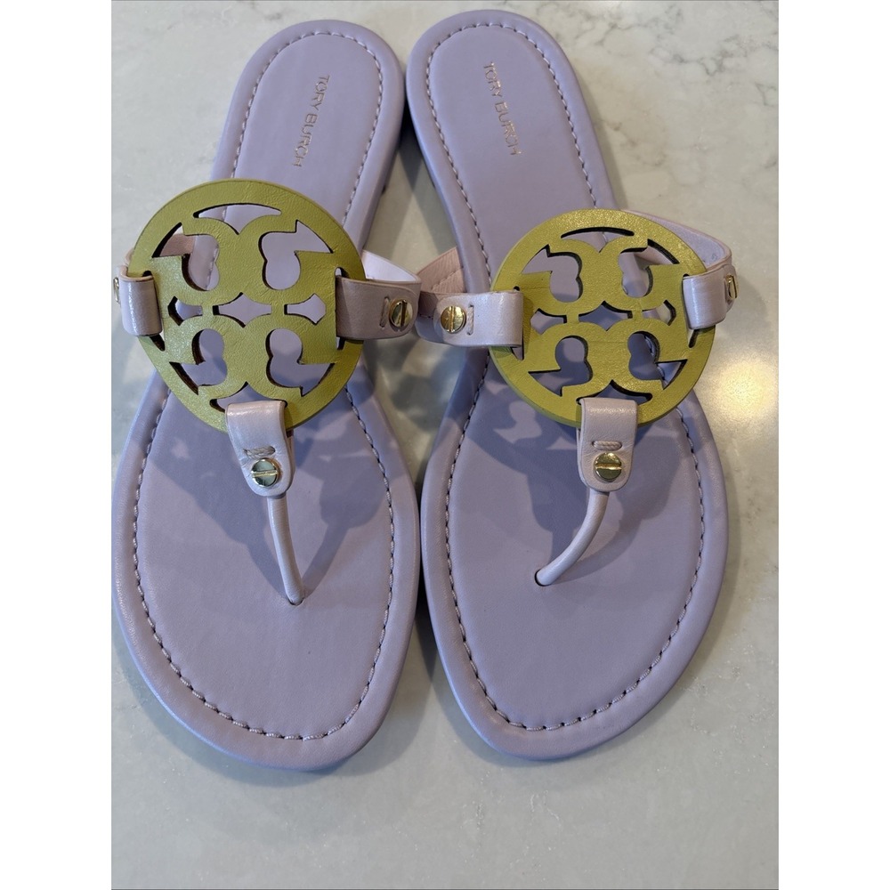 New Tory Burch Miller Yellow Lavender Pink Napa Leather Sandals Sz 8 1/2  8.5 M